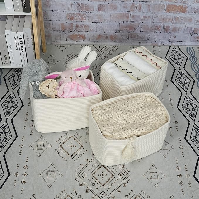 Cotton Rope storage Basket Bins Woven Basket for Organizing Shelves Rectangle Decorative Baskets For storage Clothes Toys Books Towels Square Wicker Nursery basket organizer 3 pack white