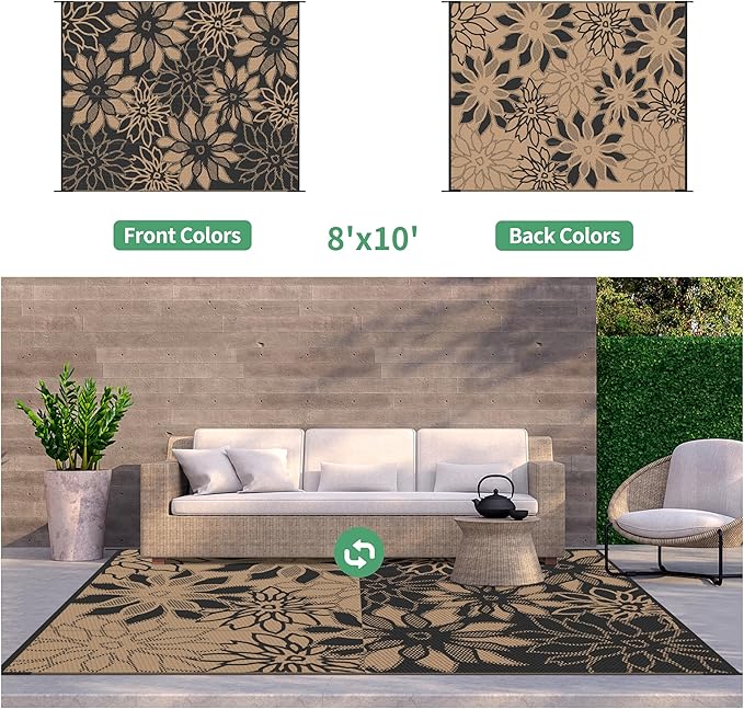 GENIMO Outdoor Rug Waterproof for Patio Decor, 8' x 10' Reversible Plastic Straw Floral Camping Carpet, Large Area Rugs Mats for RV, Camper, Deck, Balcony, Porch, Beach, Picnic, Black & Brown