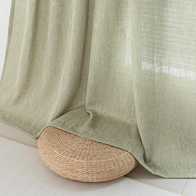 MYSKY HOME Sage Green Sheer Curtains Short Window Treatment Panels Light Filtering Semi Sheer Curtains Boho Farmhouse Style Texture Soft Touch Kitchen Drapes Set, 50" Wide x 63" Long, 2 Panels