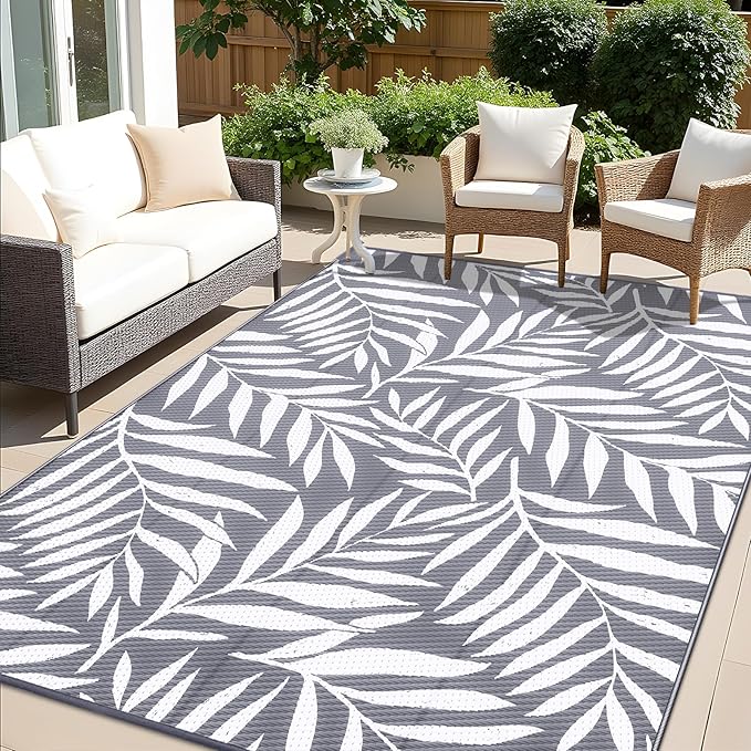 OLANLY Waterproof Outdoor Rug 6x9 ft, Reversible Outdoor Plastic Straw Rug with Leaf Pattern, RV Mat, Indoor Outdoor Carpet for Patio, Camping, Balcony, Deck, Backyard, Grey & White
