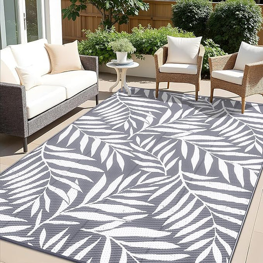 OLANLY Waterproof Outdoor Rug 8x10 ft, Reversible Outdoor Plastic Straw Rug with Leaf Pattern, RV Mat, Indoor Outdoor Carpet for Patio, Camping, Balcony, Deck, Backyard, Grey & White