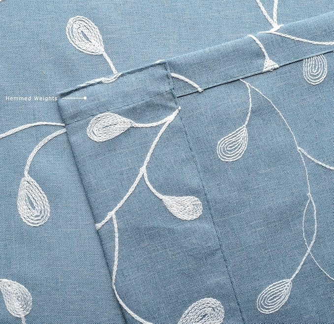 MIUCO Floral Embroidery Semi Sheer Curtains Faux Linen Grommet Curtains for Bedroom 52 x 63 Inch 2 Panels, Dusty Blue