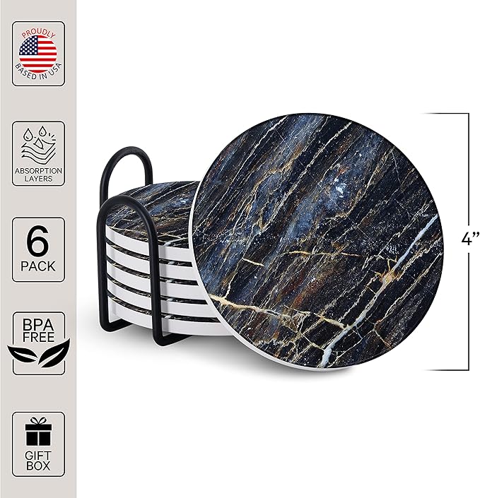 Emerson Coasters for Drinks Absorbent – Natural Stone Drink Coasters Set with Holder, Coasters for Coffee Table, Wooden Tabletop Protection Marble Style – 100% Heavy Duty Set of 6 (Thunder)