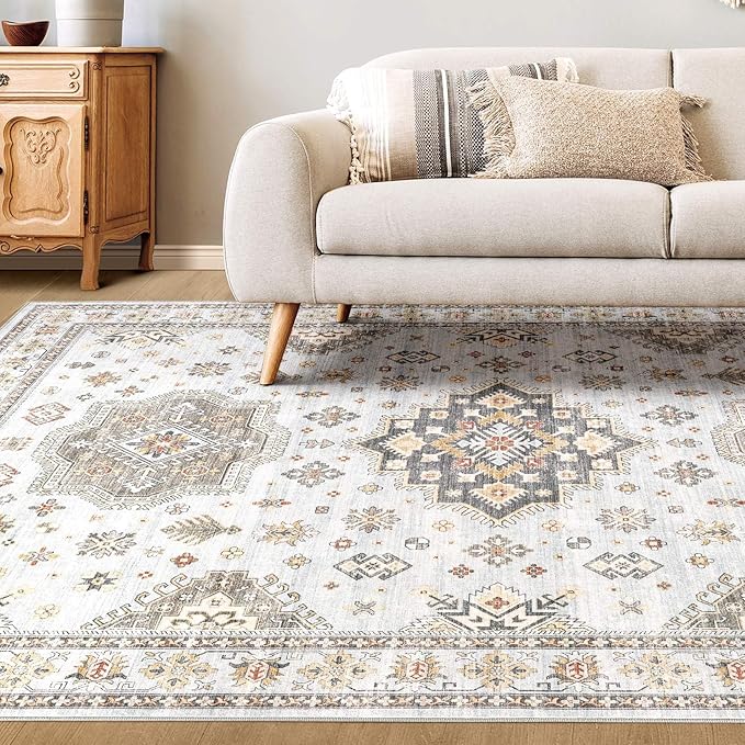 Washable Area Rugs for Living Room -8x10 Neutral Vintage Distressed Floral Farmhouse Boho Large Soft Floor Rug Indoor Non Slip Carpet for Living Room Bedroom Dining Room Office -Blue Brown