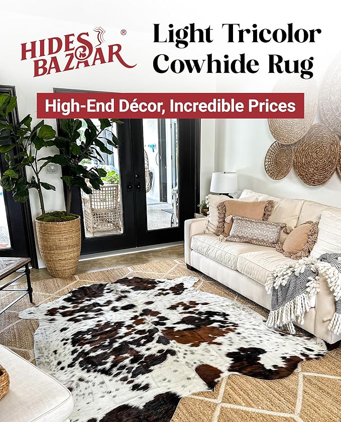 Natural Cowhide Rug for Home & Office Premium Light Tricolor Cowhide Rug with Mixed Brown, Black & White Patterns - Cow Hide Rugs Made with Tanned Leather - Cow Hide Rugs 5x7 ft