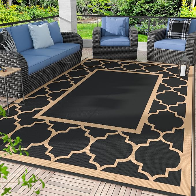 GENIMO 4 ' x 6 ' Outdoor Rug for Patio Clearance, Waterproof Indoor Outdoor Plastic Straw Rugs Carpet, Reversible Outside Area Rv Mat for Camping, Balcony Porch, Deck, Picnic, Beach (Black & Brown)