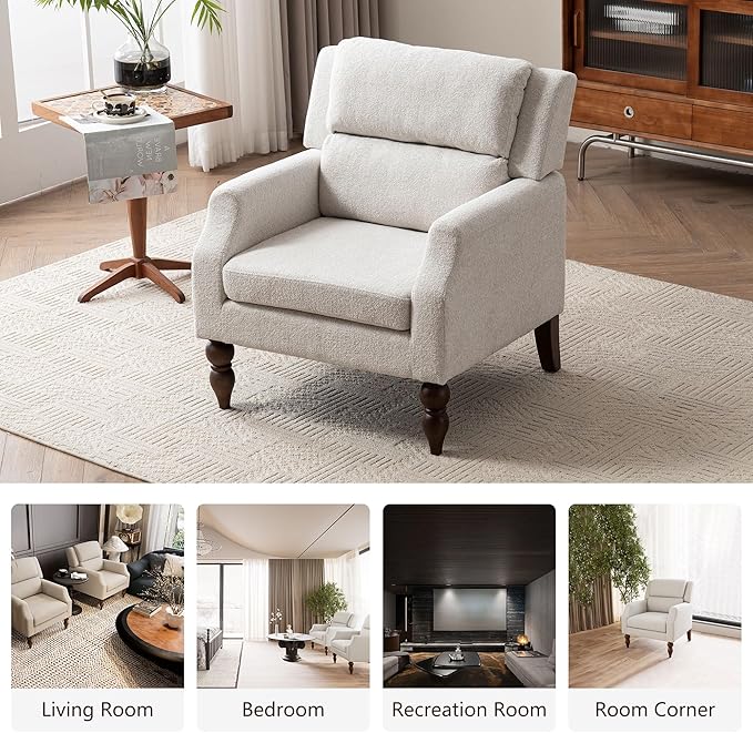 Kidol & Shellder Beige Oversized Accent Chair for Living Room Set of 2 Modern Reading Chair with Back Wide Upholstered Comfy Single Sofa Chair for Bedroom Lounge Side Corner Boucle Fabric Armchair