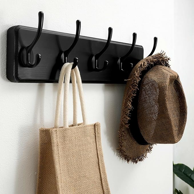 SKOLOO Rustic Wall Mounted Coat Rack, Pine Solid Wood Coat Hook Hanger - 5 Hooks for Hanging Clothes Robes Towels Coats
