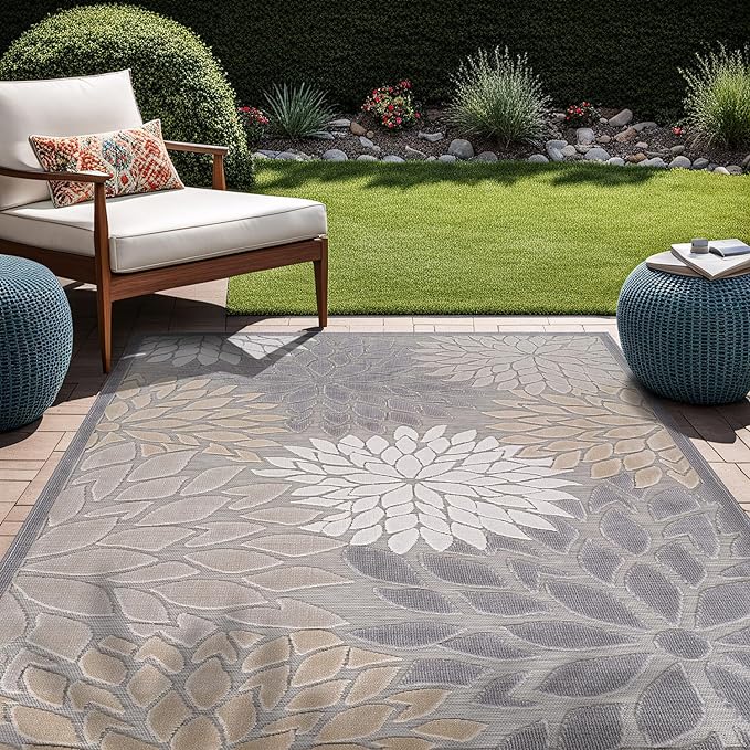 Beverly Rug Outdoor Rug 10x14 Large Modern Floral Tropical Area Rugs for Indoor and Outdoor Patio Easy to Clean Non Shedding Living Room Porch Garden Washable Outside Carpet (10 x 14 Gray)