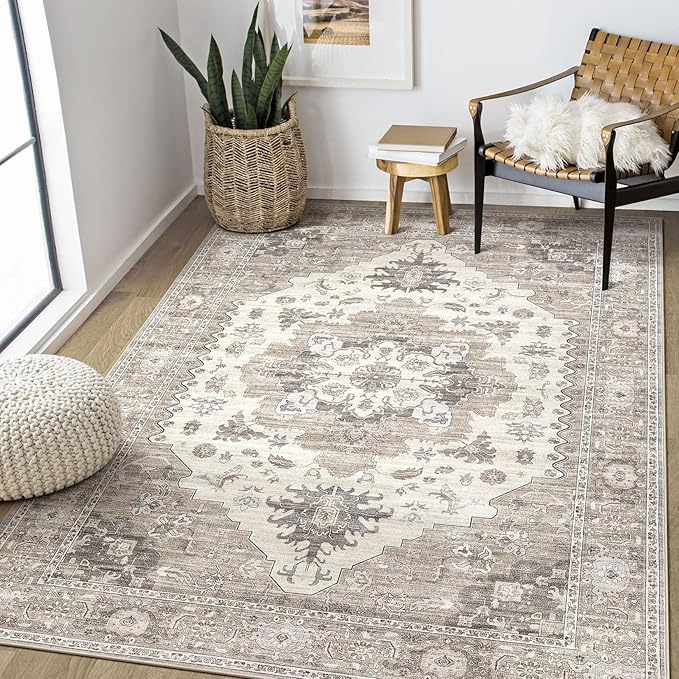 Washable Area Rugs for Living Room - 5x7 Neutral Vintage Distressed Floral Farmhouse Boho Large Soft Floor Rug Indoor Non Slip Carpet for Living Room Bedroom Dining Room Office -Brown/Beige