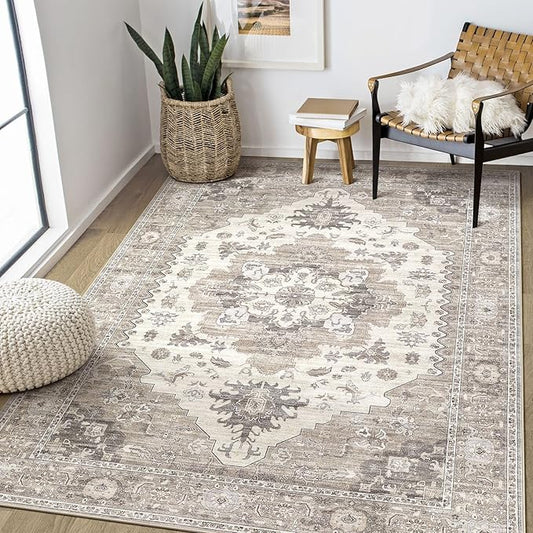 Washable Area Rugs for Living Room -6x9 Neutral Vintage Distressed Floral Farmhouse Boho Large Soft Floor Rug Indoor Non Slip Carpet for Living Room Bedroom Dining Room Office-Brown/Beige