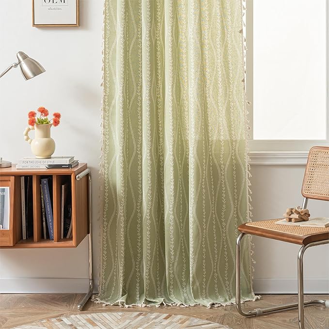 Sutuo Home Boho Curtains 96 Inches Long for Bedroom Living Room Nursery Patio, Bohemian Tassels Country Window Treatment Drape for Christmas Decorations, 1 Panel 59" W x 96" L,Green Stripe Floral
