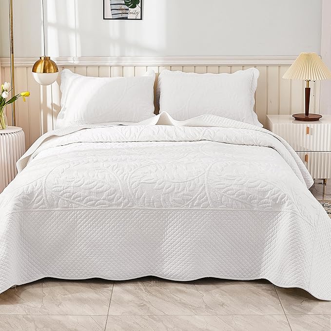MarCielo 3-Piece 100% Cotton Oversized Bedspread Lightweight Quilt Coverlet Embroidery Farmhouse Bedding Set T0 (Bright White, Oversized Queen (100"x106"))
