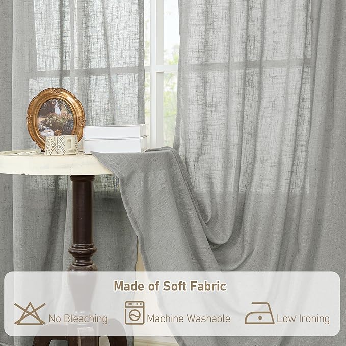 LAMIT Grey Linen Curtains 95 inch for Living Room, Semi Sheer Light Filtering Boho Window Textured Burlap Drapes with Bronze Grommet for Bedroom Farmhouse, 2 Panels Set, 52 x 95 Inch