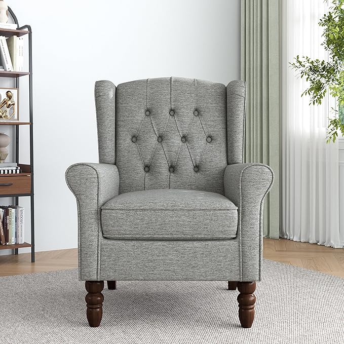 Lumibee High Back Accent Chair,Upholstered Wingback Armchair with Solid Wood Legs for Small Spaces,Comfy Single Sofa Chair for Living Room,Bedroom,Office-Light Gray