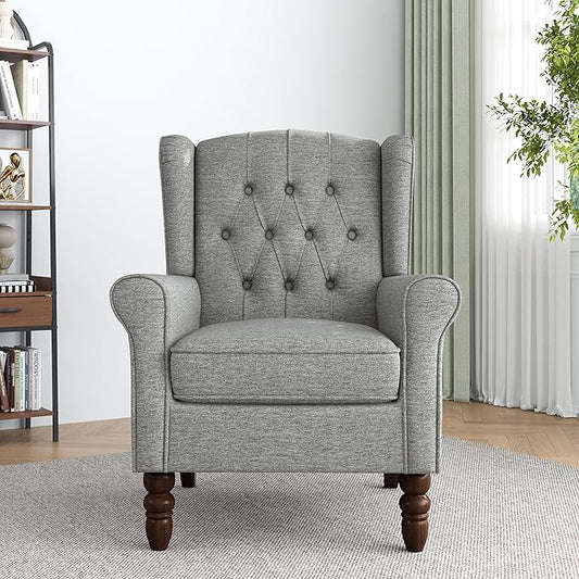 Lumibee High Back Accent Chair,Upholstered Wingback Armchair with Solid Wood Legs for Small Spaces,Comfy Single Sofa Chair for Living Room,Bedroom,Office-Light Gray