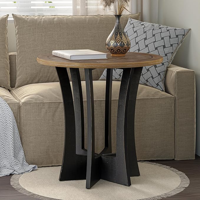 Farmhouse Round End Table X 2P with Criss-Cross Wood Legs, Rustic French Country Side Table for Dinning or Living Room, Modern, Black, Natural Wood