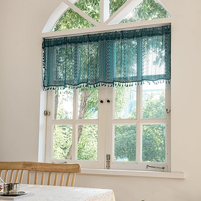 Sutuo Home Boho Valance Curtains for Kitchen Crochet Lace Sheer Bohemian Hollow Knitted with Tassels, Privacy Vintage Rustic Farmhouse Drapes, Rod Pocket 1 Panel 59" W x 18" L, Turquoise