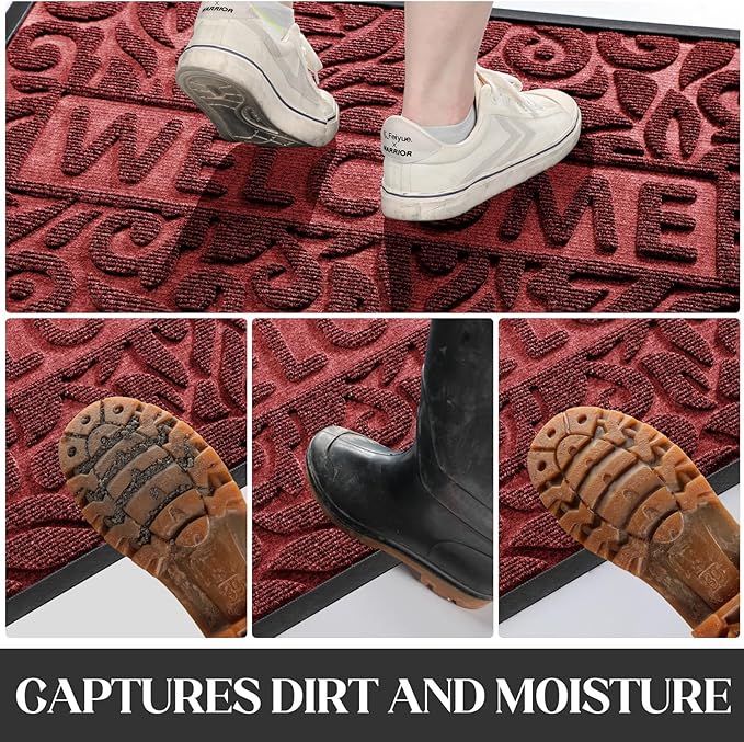 Yimobra Welcome Front Door Mat Outdoor, Heavy Duty Sturdy Non Slip Doormats, Rubber Backing, Low-Profile Entrance Rugs, Absorbent Resist Dirt, Easy Clean Patio Garage Floor Mats, 60X36 Inch, Wine Red