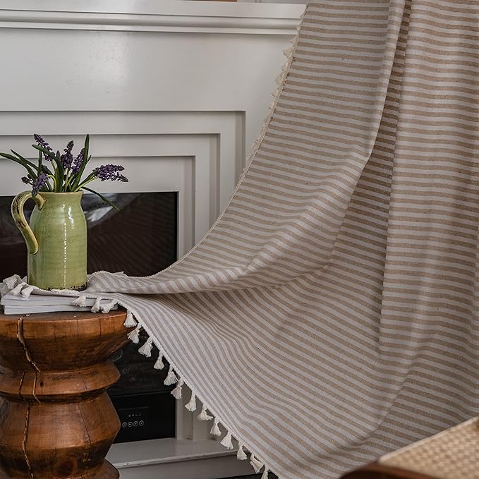 Sutuo Home Boho Curtain 84 Inches Length, Beige Stripes Print Curtain with Handmade Tassels, Rod Pocket Window Treatment Vintage Rustic Bohemian Farmhouse Drape for Bedroom 1 Panel 59" W x 84" L