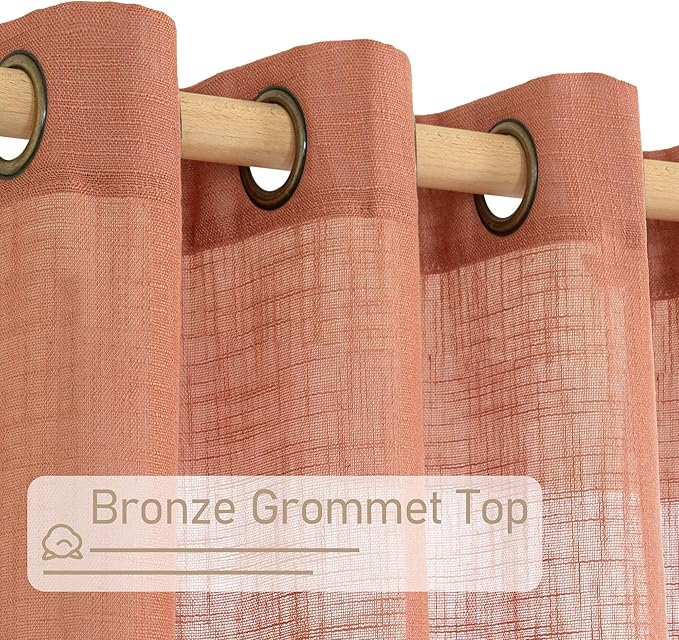 LAMIT Small Window Linen Curtains 36 inches Long, Light Filtering Linen Textured Bronze Grommet Soft Semi Sheer Drapes for Half Windows/Bathroom, 2 Panels, Terracotta, 34 x 36 Inch