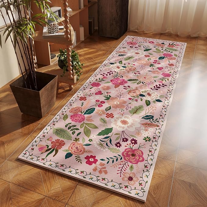 Runner Rug for Hallways Kitchen Rug Non Slip 2'6''x8' Washable Runner Rugs with Rubber Backing Soft Floral Carpet Runner for Hallways, Kitchen, Laundry, Bedroom, Bathroom(Pink)
