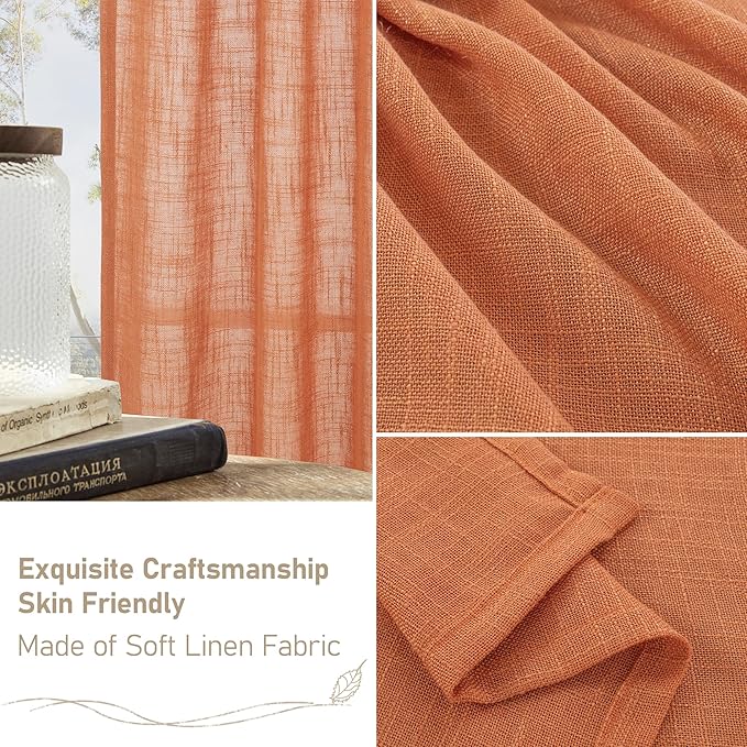 LAMIT Burnt Orange Semi Sheer Linen Curtains 63 Inch Length, Light Filtering Panels Bronze Grommet Country Decor Drapes for Bedroom/Living Room, 2 Panels, 34 x 63 Inch