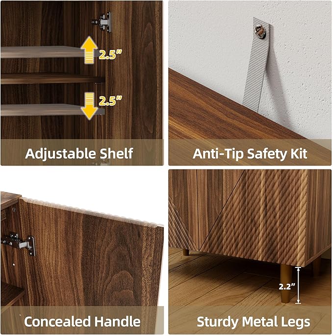 Set of 2 Fluted TV Stands with Storage, 65 Inch Accent Sideboard Large Console Table with Adjustable Shelves, Mid Century Modern TV Cabinets for Living Room, Dining Room, Walnut