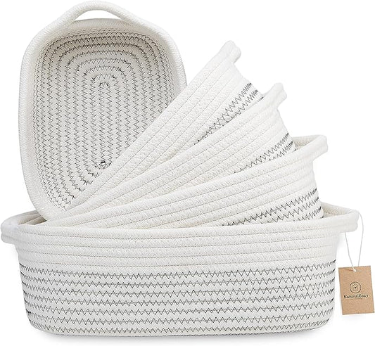 NaturalCozy 5-Piece Rectangle Storage Basket Set- Natural Cotton Rope Woven Baskets for Organizing! Small Basket for Montessori, Baby Nursery, Dog Toy Baskets, Cat Toy Box, Bathroom Organization Bin