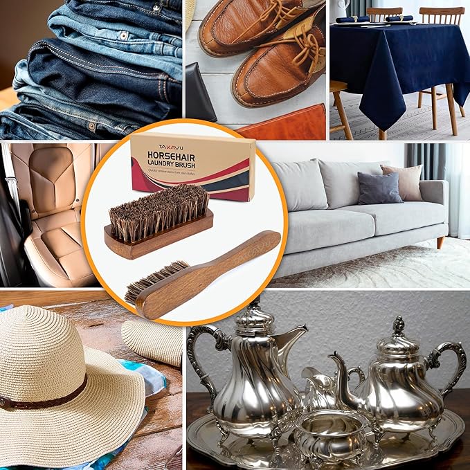 Horsehair Laundry Stain Brushes Set 2pcs by TAKAVU, Natural Soft Bristle for Scrubbing Out Tough Stains on Delicate Fabrics Knits Cotton Leather Washable Fabrics