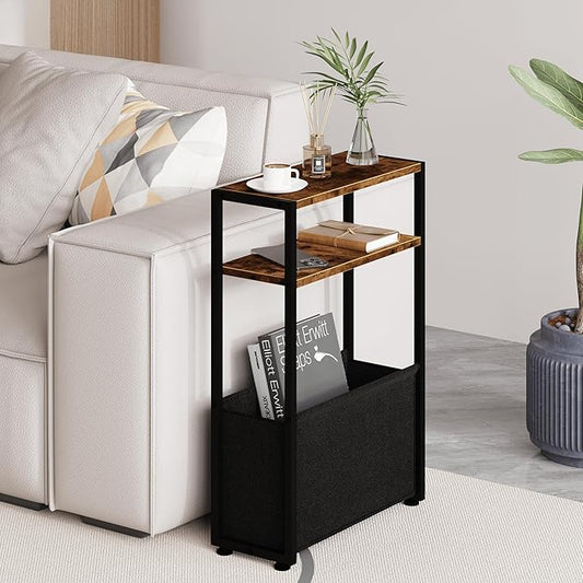 Narrow Side Table, Slim End Tables with Fabric Basket, Skinny Table for Small Spaces, Thin Bedside Table for Living Room, Bedroom