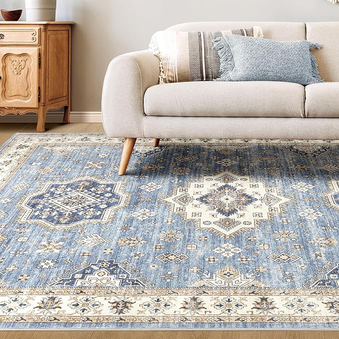 Washable Area Rugs for Living Room -10x14 Neutral Vintage Distressed Floral Farmhouse Boho Large Soft Floor Rug Indoor Non Slip Carpet for Living Room Bedroom Dining Room Office - Blue