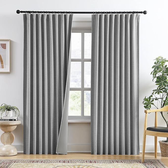 RAIN CITY Grey Linen Curtains 84 Inches Long,100% Blackout Room Darkening Textured Curtains for Bedroom Living Room Thermal Back Tab Rod Pocket Curtains 2 Panels with Hooks 50 x 84