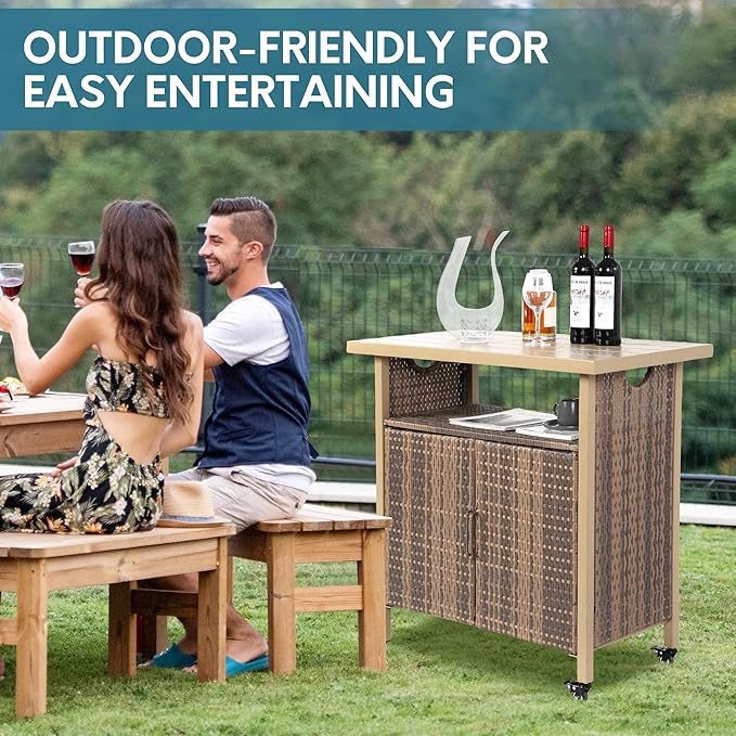 Outdoor Indoor Storage Cabinet with Rolling Wheels, Patio Serving Cart with Bar Table and Wicker Cabinet, Kitchen Island Prep Table, Beige