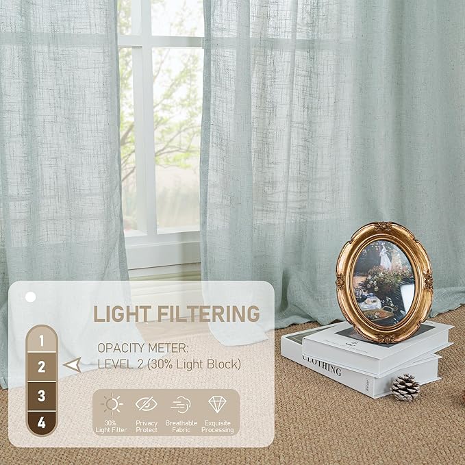 LAMIT Short Linen Curtains 30 Inch Length for Small Windows, Semi Sheer Light Filtering Panels Bronze Grommet Cafe Drapes for Half Window, Greyish Blue, 2 Panels, 34 x 30 Inch