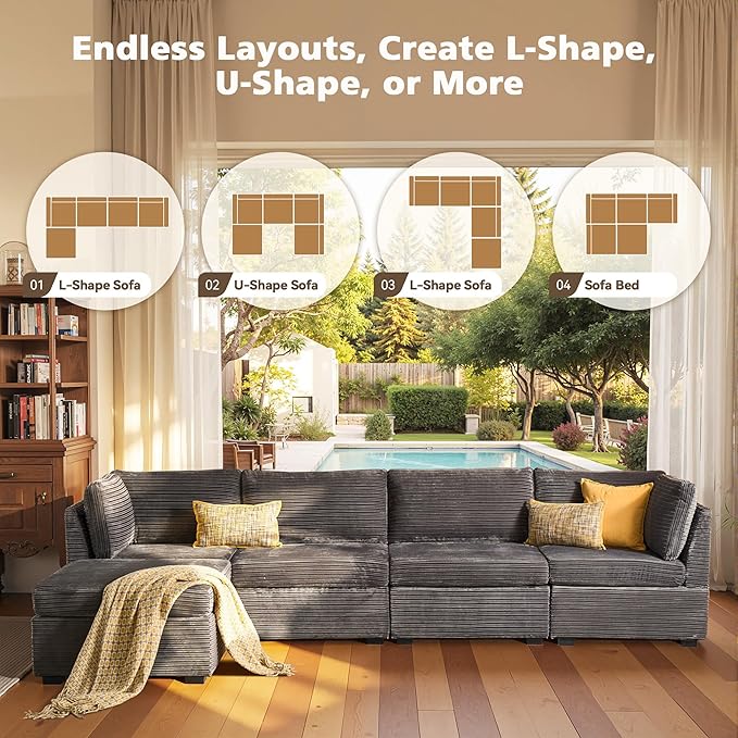 Modular Sectional Sofa, 130.7" L Shaped Couch Set for Living Room, 4-Seater Comfy Cloud Couches with Movable Ottoman, DIY Combination, Plush Corduroy, Gray