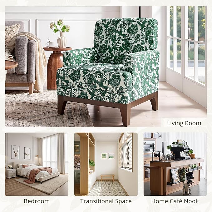 Floral Accent Armchair, Retro Wingback Upholstered Armchair with Wide Dipped Back Design and Wooden Legs, High Back Armchair, Leisure Single Sofa Chair for Living Room, Bedroom, Balcony, Green
