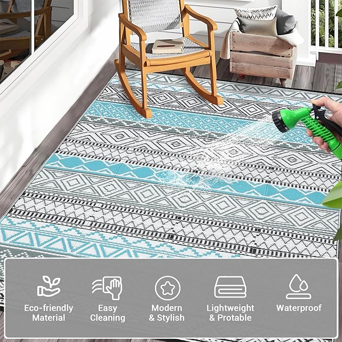 GAOMON Outdoor Plastic Straw Rug, 10'x20' Reversible Sage Green Patio Mat, Flower Modern Design for RV, Backyard, Deck, Camping, Picnic, Blue/Grey(Bohemia)