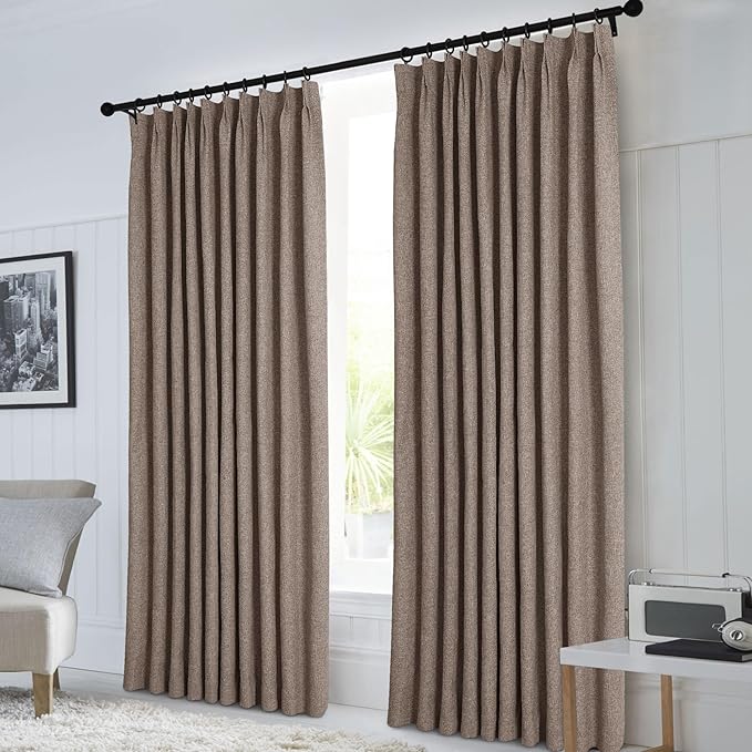 Macochico 100% Blackout Light Brown Linen Curtains 84 Inches Long Pinch Pleated Burlap Curtains for Bedroom Living Room Farmhouse Nursery Thermal Window Panels with Tieback 72”Wx84”L 1 Panel