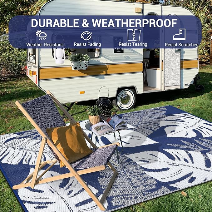 GAOMON Large Outdoor Plastic Rug 10x14 Waterproof Straw Rug Reversible Foldable Camping Mat with Stakes & Bag, Modern Tropical Leaf Farmhouse Outside Carpet for Patio RV Garden Deck, Blue