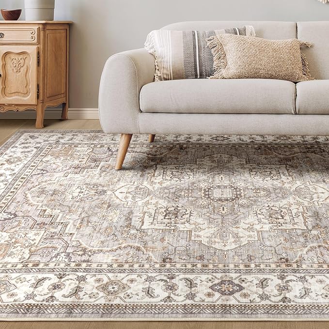 Washable Area Rugs for Living Room - 6x9 Neutral Vintage Distressed Floral Farmhouse Boho Large Soft Floor Rug Indoor Non Slip Carpet for Bedroom Dining Room Office - Grey Brown