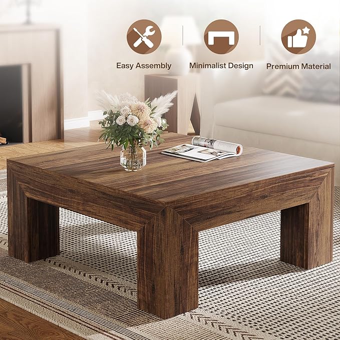 Tribesigns 39.4-Inch Square Coffee Table for Living Room, Farmhouse All MDF Accent Center Cocktail Table with Sturdy Wooden Legs, Easy Assembly, Dark Brown