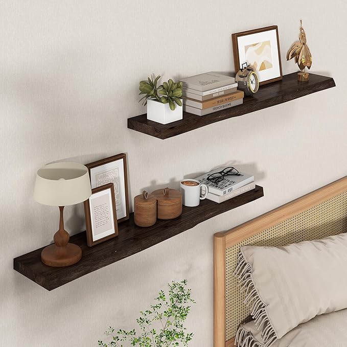 Axeman 40 inch Floating Shelves for Wall - 8'' D Live Edge Rustic Solid Elm Wood Floating Shelves Wall Mounted, Wall Shelves with Invisible Bracket for Living Room Bedroom Kitchen, Set of 1 Walnut