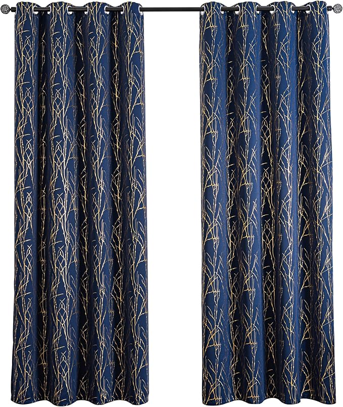 Grommets Blackout Long Window Curtains Navy Blue Gold-52W*84L 2PCS Drapes for Bedroom