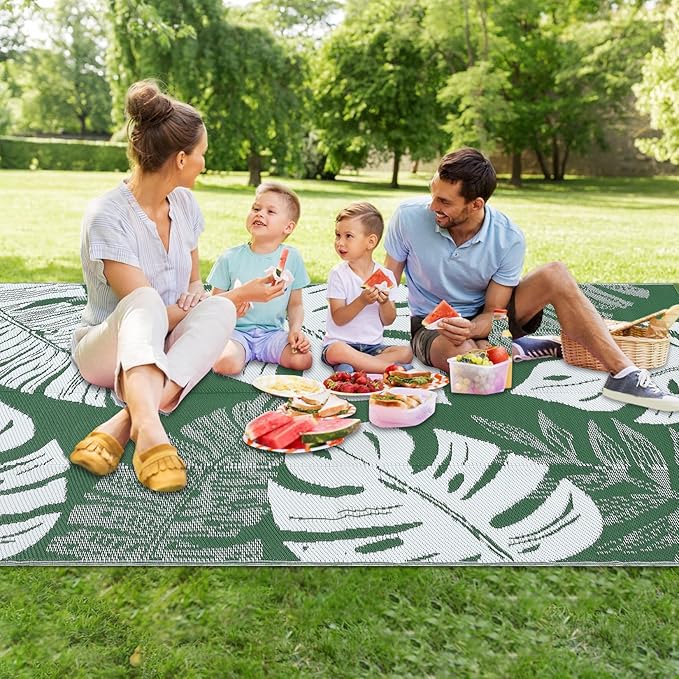 GAOMON Outdoor Rug 8x10 Patio Waterproof Reversible Plastic Straw Rug Modern Foldable Lightweight RV Camping Mat with Portable Bag & 4 Stakes, UV Resistant & Sturdy for Picnic Deck Balcony, Green