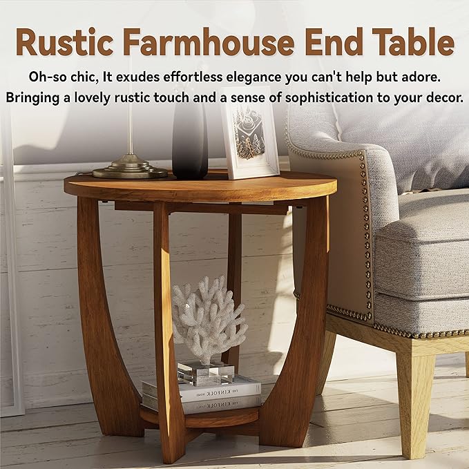 Rustic Farmhouse End Table with Storage Shelf, French Country Accent Side for Family, Dinning or Living Room, Small Spaces, Modern, Round, Vintage Caramel Brown Finish