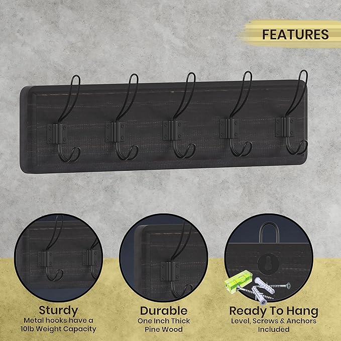 HBCY Creations Blackwash Solid Wood Wall Mounted Coat Rack with Shelf, 5 Hooks, 24" Long - Kitchen, Mudroom, Entryway, Bathroom - Includes Mounting Hardware, Coat Hanger, Dog Leash Hooks, Towel Rack
