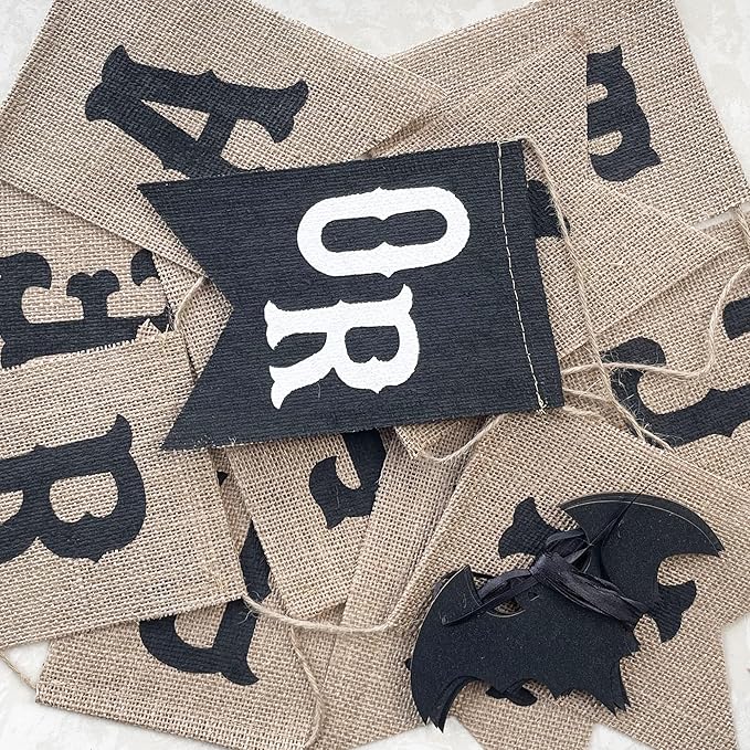 Uniwish Trick or Treat Burlap Banner Halloween Decorations for Mantel Fireplace Glitter Bat Garland Bunting Home Wall Decor Halloween Party Supplies