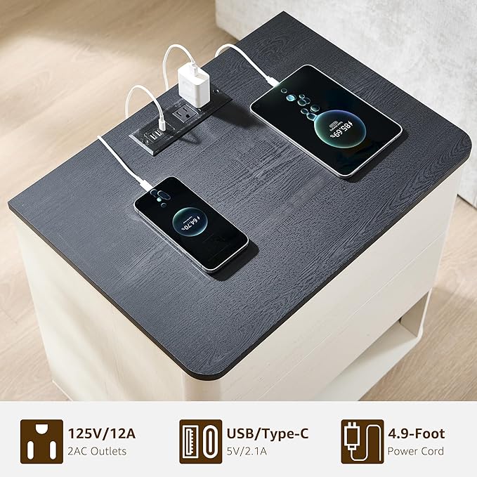 Nightstand Set of 2 with Charging Station, 22" Large Modern Bedside Table with 2 Drawers Storage,Push-to-Open End Table for Bedroom,Living Room,Off White