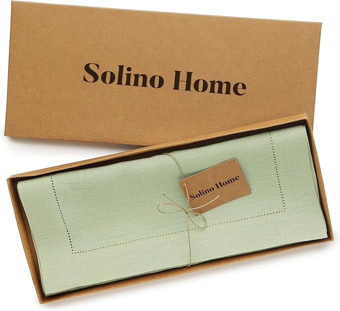 Solino Home Linen Table Runner 60 Inches - 100% Pure Linen Sage Green Hemstitch Table Runner 14 x 60 Inch Ideal for Dresser and Coffee Tables - Fall, Autumn, Thanksgiving - Classic Hemstitch